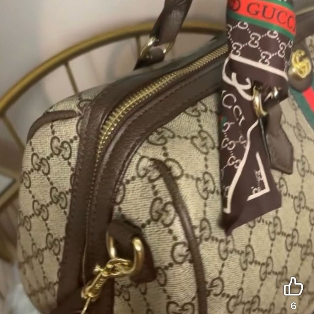 Source Unknown Beige Monogram Satchel with Green-… - image 2